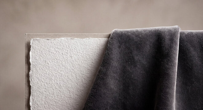 Close-up of fabric texture samples showing contrast between light linen and dark grey velvet material.