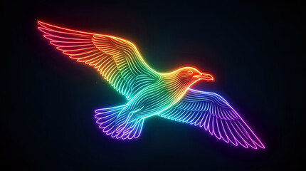 Fototapeta premium Rainbow colored neon seagull flying illustration on dark background with multicolor