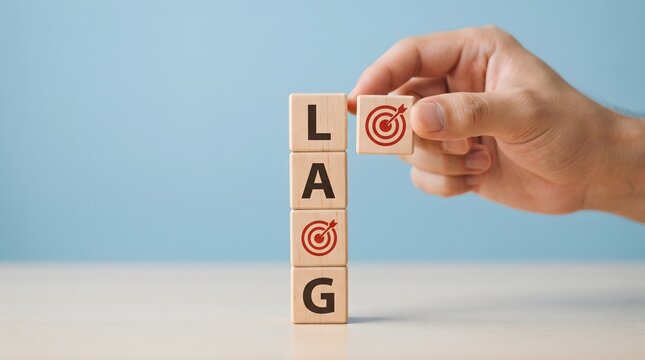 Fingers placing target icon block on lag text tower for performance.