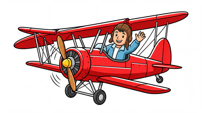 Cartoon aviation art, a cheerful cartoon pilot waves from the cockpit of a bright red biplane