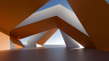Fototapeta premium 3D abstract modern architectural pavilion with orange geometric beams. Ideal for background designs, real estate banners, urban technology, and modern art concepts