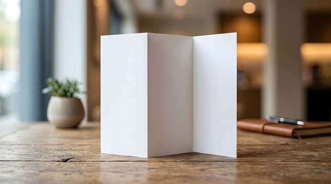 Blank Trifold Brochure Mockup on Wooden Table