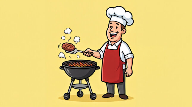 Barbecue celebration, a cheerful chef in a red apron flips a burger on a charcoal grill