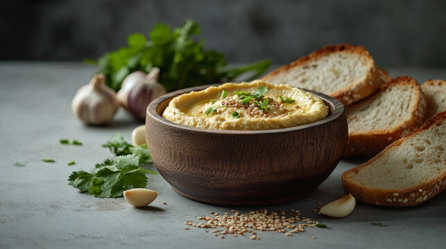 Rustic Hummus with Garlic, Herbs, and Fresh Bread on Stone Surface