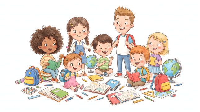 Happy diverse children studying together with books and school supplies isolated on white background.