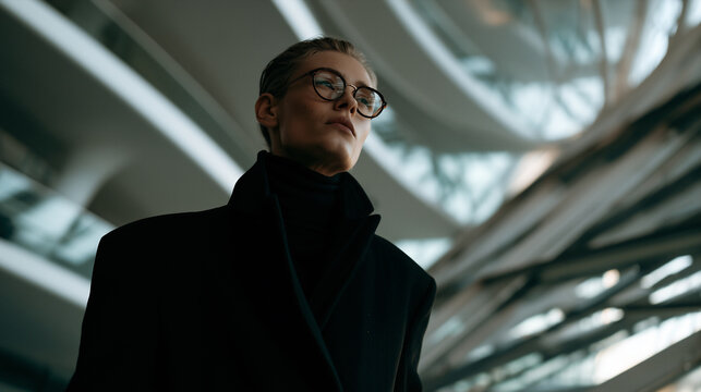 futuristic portrait of stylish person in modern architectural interior, elegant blonde model in black turtleneck against curved white architecture, sophisticated portrait with futuristic architecture