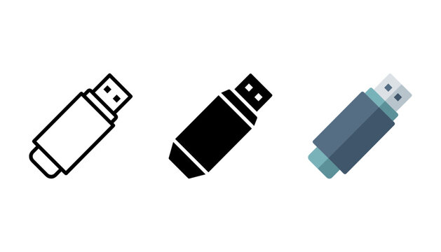 Set of three usb flash drive icons in outline, solid, and flat color styles for digital storage and data transfer concepts