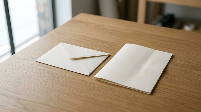 Blank Envelope and Folded Paper Mockup on Wooden Table
