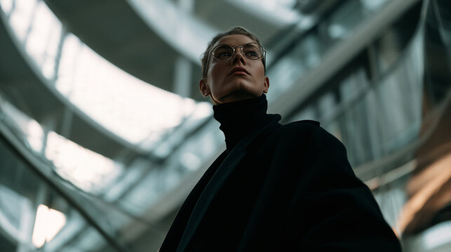 futuristic portrait of stylish person in modern architectural interior, elegant blonde model in black turtleneck against curved white architecture, sophisticated portrait with futuristic architecture