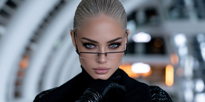 futuristic portrait of stylish person in modern architectural interior, elegant blonde model in black turtleneck against curved white architecture, sophisticated portrait with futuristic architecture