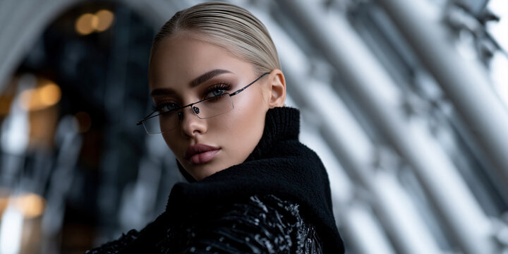futuristic portrait of stylish person in modern architectural interior, elegant blonde model in black turtleneck against curved white architecture, sophisticated portrait with futuristic architecture