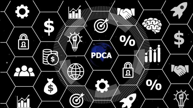 PDCA in organization and business concept with consultant presenting icons of strategy,Exchange traded fund stock market trading investment financial concept.financial icons, 4k motion video