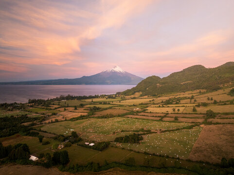 Aerial view of Osorno Volcano rising above the serene Llanquihue Lake, surrounded by lush green agricultural fields and rolling hills at sunset in Puerto Varas, Los Lagos, Chile.