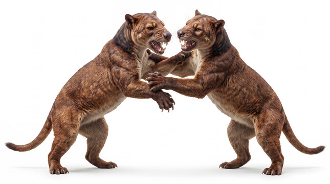 Thylacoleo carnifex males fighting, two prehistoric marsupial lions engaged in an aggressive dominance confrontation, rearing and grappling with each other in a dynamic combat pose on white background