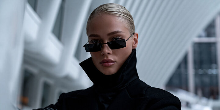 futuristic portrait of stylish person in modern architectural interior, elegant blonde model in black turtleneck against curved white architecture, sophisticated portrait with futuristic architecture