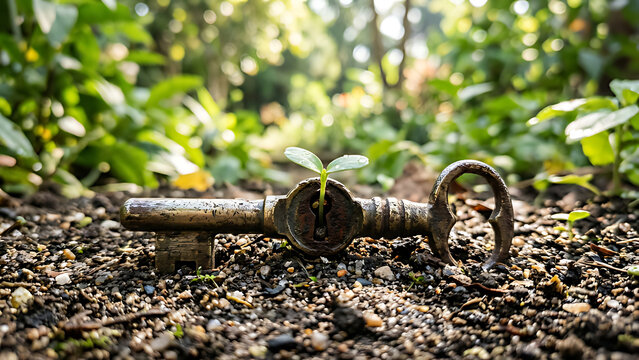 Small green sprout growing through an antique key on the ground, symbolizing new beginnings and hope in nature