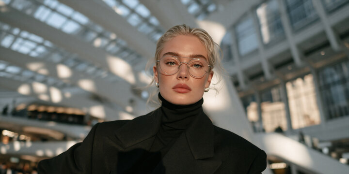 futuristic portrait of stylish person in modern architectural interior, elegant blonde model in black turtleneck against curved white architecture, sophisticated portrait with futuristic architecture