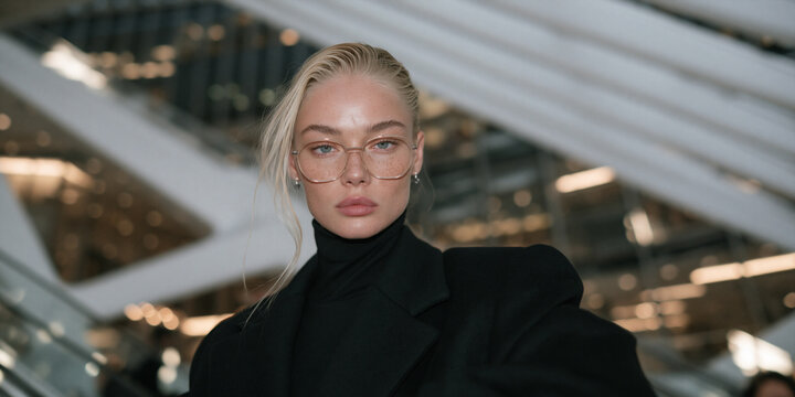 futuristic portrait of stylish person in modern architectural interior, elegant blonde model in black turtleneck against curved white architecture, sophisticated portrait with futuristic architecture