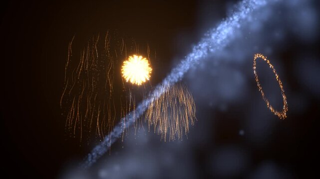 A mesmerizing 3D rendered fireworks display unfolding against a velvety black night sky