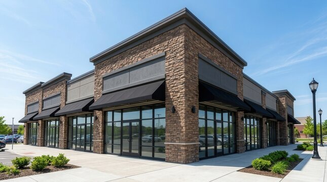 New commercial retail and office space for sale or rent in a modern mixed-use building featuring storefronts and awnings.