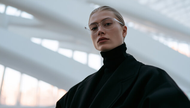 futuristic portrait of stylish person in modern architectural interior, elegant blonde model in black turtleneck against curved white architecture, sophisticated portrait with futuristic architecture