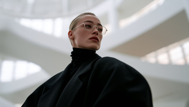 futuristic portrait of stylish person in modern architectural interior, elegant blonde model in black turtleneck against curved white architecture, sophisticated portrait with futuristic architecture