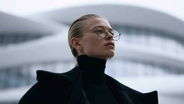 futuristic portrait of stylish person in modern architectural interior, elegant blonde model in black turtleneck against curved white architecture, sophisticated portrait with futuristic architecture