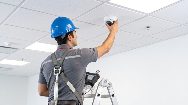 Professional technician installing a white security camera on a white ceiling in a modern office building.