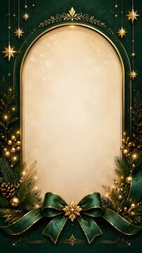 Luxurious Green and Gold Christmas Arch Frame Background with Ribbon Bow and Hanging Stars