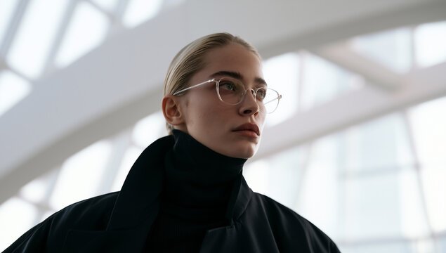 futuristic portrait of stylish person in modern architectural interior, elegant blonde model in black turtleneck against curved white architecture, sophisticated portrait with futuristic architecture