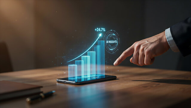 Hand pointing at futuristic smartphone with growing ai insights bar chart and 24.7 percent increase