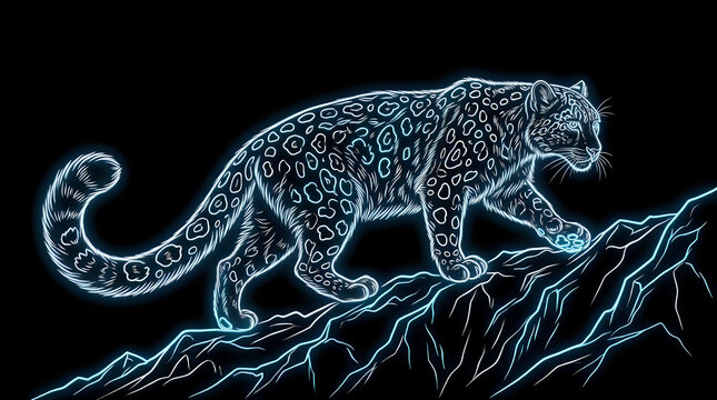Bioluminescent glowing snow leopard walking on rocky mountain terrain art illustration
