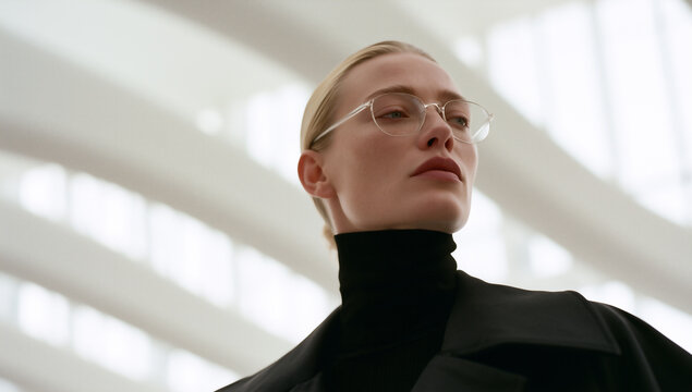 futuristic portrait of stylish person in modern architectural interior, elegant blonde model in black turtleneck against curved white architecture, sophisticated portrait with futuristic architecture