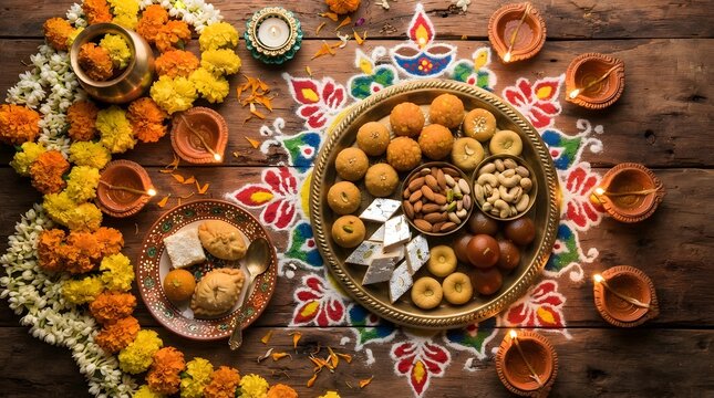 Diwali sweets platter flat lay with brass thali, laddu, kaju katli, gulab jamun, dry fruits, diyas and marigold garlands on wooden background