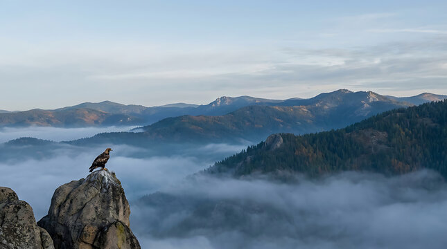 Golden eagle sitting on sharp mountain summit above low clouds and rolling hills during early morning light.