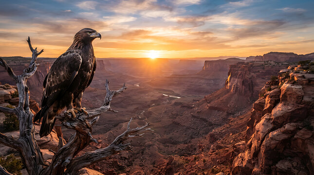 Golden eagle perched on gnarled dead tree overlooking vast desert canyon at sunset with warm orange lighting.