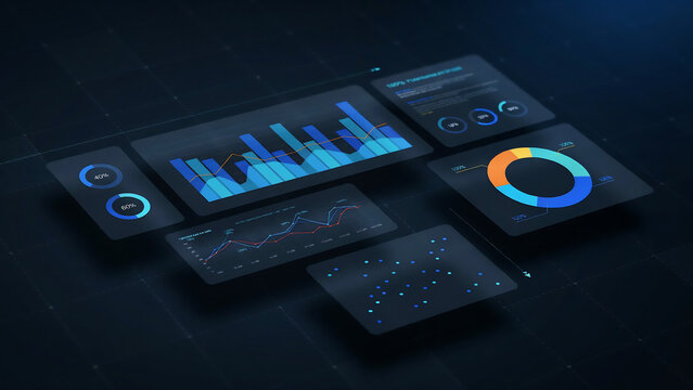 Modern digital dashboard with analytics charts and data visualizations on multiple screens