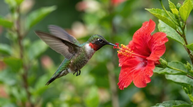 Ruby-throated hummingbird hovering and feeding on a red hibiscus flower