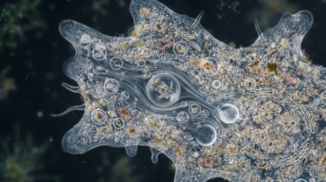 Microscopic View of Amoeba Proteus with Visible Nucleus and Contractile Vacuoles.