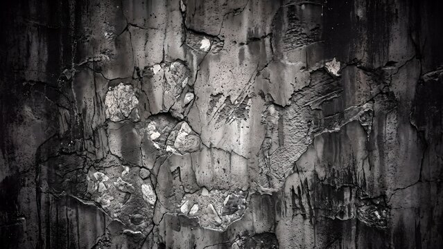 Grungy dark concrete wall texture, weathered stone background with cracks and peeling paint, moody industrial surface for overlays 4K