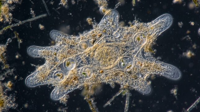 Microscopic View of a Star-Shaped Protozoan Organism with Internal Structures.
