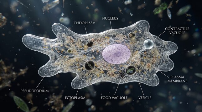 Detailed 3D Illustration of an Amoeba Cell Structure with Labeled Organelles.