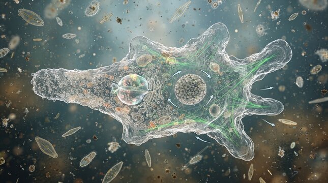 Microscopic view of an Amoeba proteus with pseudopods extended in its natural habitat surrounded by other microorganisms.