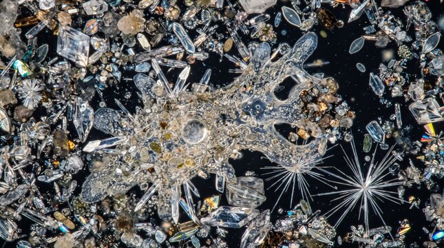 Microscopic View of Crystalline Structures and Organic Matter Under a Microscope.