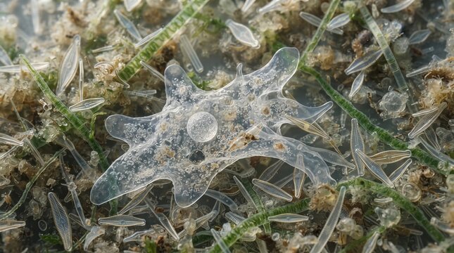Microscopic View of Amoeba Proteus with Pseudopods Extended.