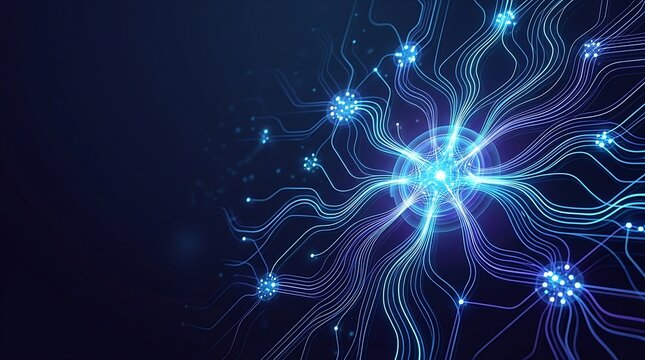 Abstract digital neural network connection with glowing blue light nodes