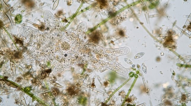 Microscopic view of pond water teeming with diverse microorganisms and algae.