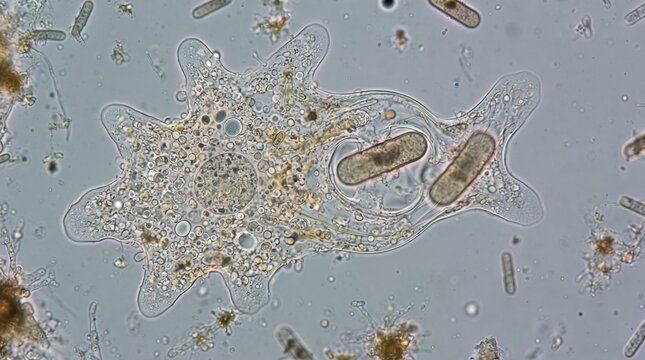 Microscopic view of amoeba engulfing diatoms in its pseudopods.