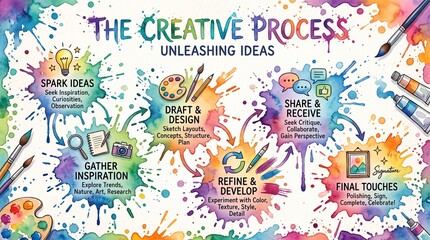 Obraz premium Watercolor Creative Process Infographic with Six Steps