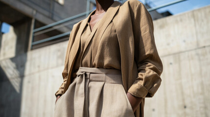 Fototapeta premium Stylish Woman in Chic Neutral Outfit in Urban Setting